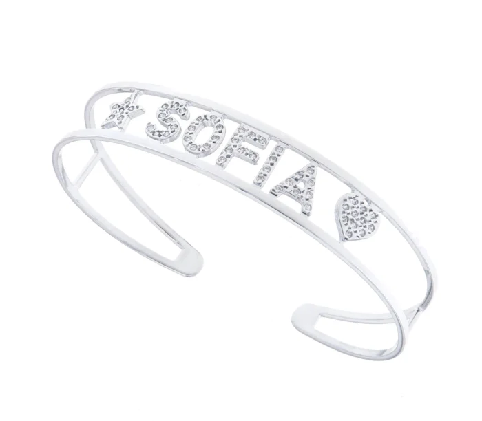 Bracciale piccolo schiava nome e elementi con zirconi aperto - immagine 1